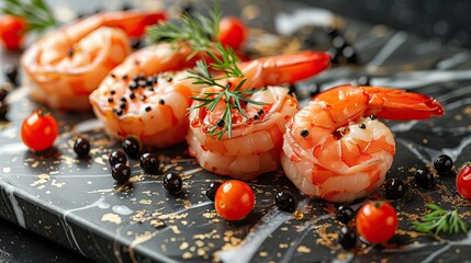 Beautiful seafood with vegetables and herbs on a dark stone background. Food advertising. Banner, menu. - obrazy, fototapety, plakaty