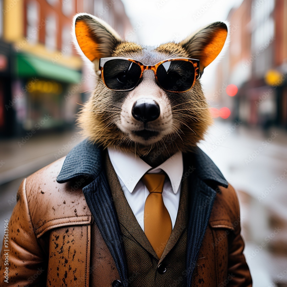 Wall mural portrait of a dog in coat and sunglasses