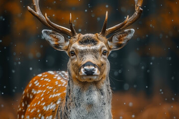 Majestic spotted deer stands poised amid softly falling snowflakes, with a magical autumnal forest backdrop