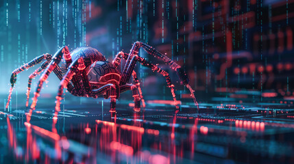 Graphic illustration of a red cyber spider over a computer network