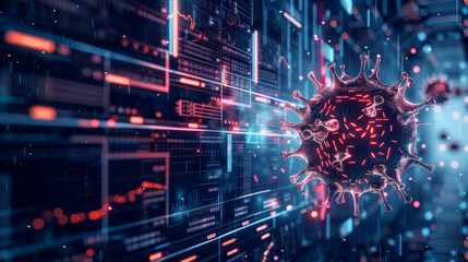 Digital representation of a virus with blue neon lights
