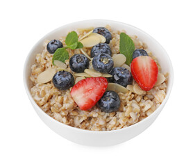 Tasty oatmeal with strawberries, blueberries and almond flakes in bowl isolated on white