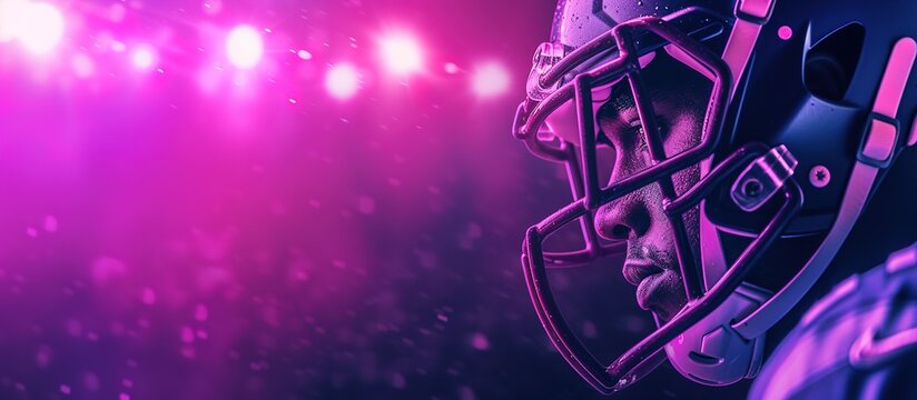 Close-up portrait of african american football player in a helmet on an ultraviolet neon background