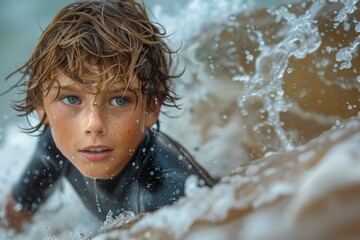 Obraz premium Young, intense boy in wetsuit looking daringly at the camera with waves around him