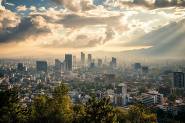 Fototapeta na wymiar Scenery of skyline of Mexico City amidst a bustling day. AI generated