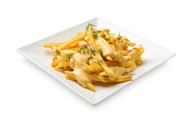 Delicious french fries with cheese sauce and dill isolated on white