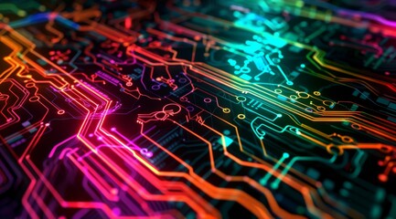 A close-up of an intricate circuit board pattern, with colorful lines and symbols representing digital information flow in the computer system Generative AI - obrazy, fototapety, plakaty