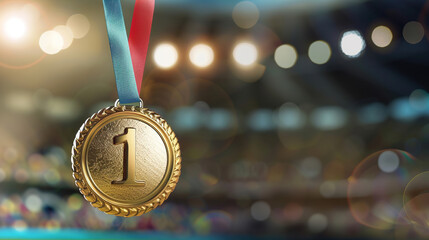 Close-up of a gold medal for first place, with a sports stadium in the background