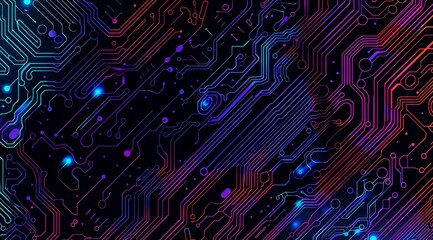 A colorful circuit board pattern on a black background, featuring intricate patterns of blue and purple lines representing circuits and nodes Generative AI - obrazy, fototapety, plakaty