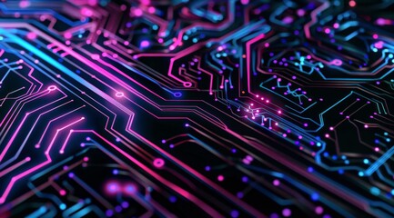 A closeup of an intricate circuit board pattern, with neon blue and purple lines representing electrical paths on a black background Generative AI - obrazy, fototapety, plakaty