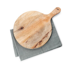 Wooden cutting board and napkin isolated on white, top view