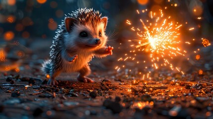   A hedgehog on hind legs holds a sparkler against a blurred backdrop