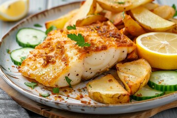 Baked fish and chips with cucumber and lemon slices, single serving with chips.