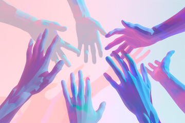 3D neon cartoon human hands. Uniting people. 3D design.  Neon hands. Teamwork, team.