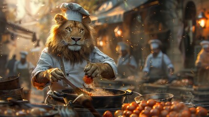   A lion in a chef's attire stirs a pot on a table People are present in the background - obrazy, fototapety, plakaty