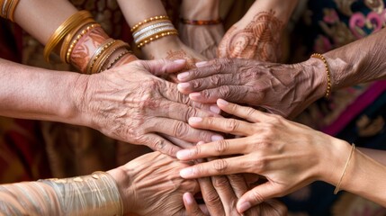 Multigenerational Indian Family Unity with Traditional Attire and Henna Tattoos