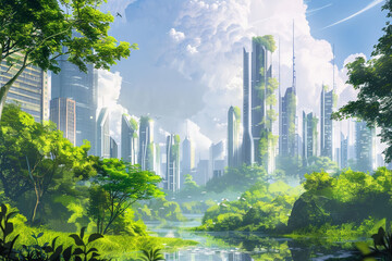 Incorporate a futuristic cityscape with sleek, peaceful architecture, soaring above lush greenery teeming with life, symbolizing harmony after conflicts end