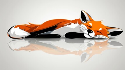 Fototapeta premium A red fox, half of its body clad in white, lies on its side The still water reflects the image of its head