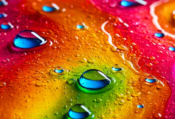 Bright abstract colorful liquid background with transparent drops and bubbles