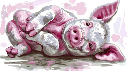   A painting of a pig lying on its back, head rested behind paws on the ground