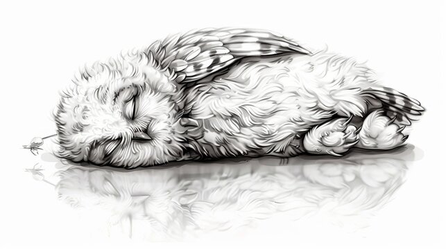   A black-and-white drawing of a rabbit sleeping on its back, eyes closed, reflected on a surfaces