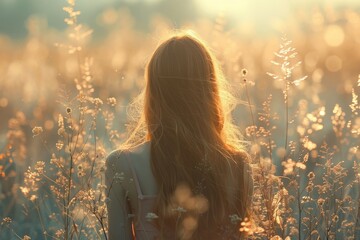 The image captures a woman from behind as she stands amidst tall grasses backlit by a warm, setting sun - Powered by Adobe