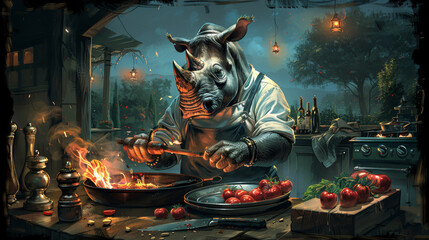   A painting of a rhino on a grill, a person holds a frying pan before it - obrazy, fototapety, plakaty