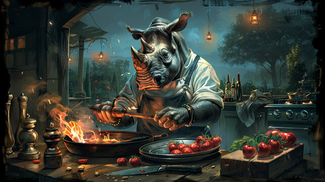   A painting of a rhino on a grill, a person holds a frying pan before it