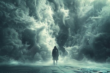 Fototapeta premium A solitary figure walks towards an ominous storm, shrouded in swirling clouds and a dramatic atmosphere