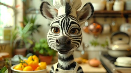 Fototapeta premium A tight shot of a plush zebra toy, situated next to a bowl brimming with oranges In the backdrop, a potted plant adds greenery