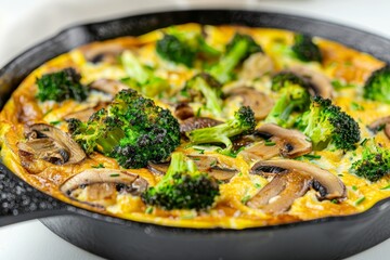 Broccoli and mushroom frittata in black cast iron skillet on white surface.