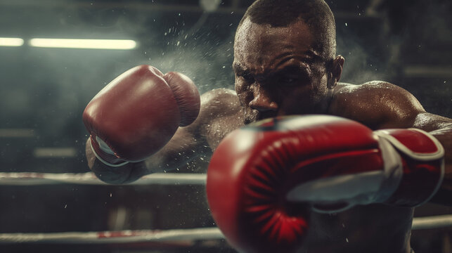 A boxer delivering a lightning-fast combination, sweat flying with each punch. The camera focuses on the impact of the gloves against the opponent's body, highlighting the raw athl