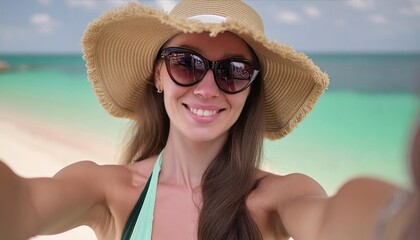 Happy young woman in straw hat and sunglasses takes a selfie on the beach 