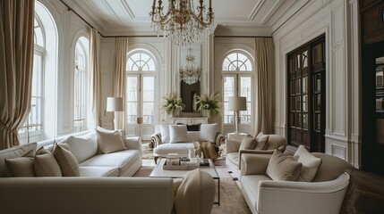 Elegant Living Room with White Sofas, Crystal Chandelier, and Classic Architecture in a Luxurious Home Interior