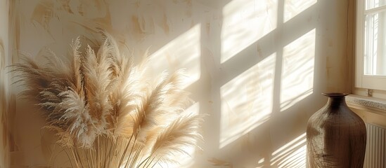 Beautiful shades of neutral pampas grass and reeds make for an aesthetic background with sunlight casting shadows on the wall giving off Parisian vibes