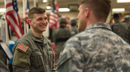 Fototapeta premium In a bustling recruiting center, a man in civilian attire engages in conversation with a smiling recruiter, their discussion framed by the backdrop of uniforms, flags, and informat