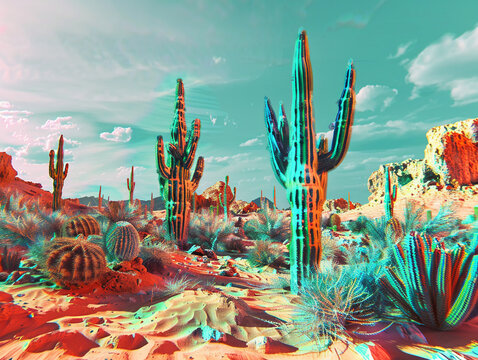 Surreal anaglyph 3D view of a desert experiencing a severe heatwave, cacti and mirage effects, hyper-realistic visuals