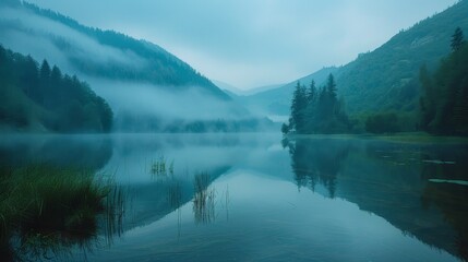 Fototapeta na wymiar Mist ascends from a secluded mountain lake at dawn, the tranquility of the scene perfect for a reflective nature landscape