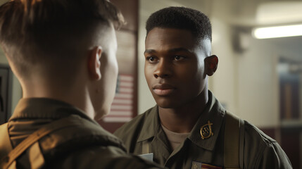 Fototapeta premium Against a backdrop of regimental insignias, a man receives personalized guidance from a recruiter, their interaction underscored by the shared commitment to national service.