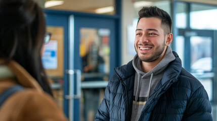 Obraz premium At a recruiting center entrance, a man receives a warm welcome from a recruiter, setting the tone for an informative and engaging conversation about career pathways.
