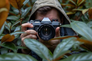 Camouflaged person with a camera - obrazy, fototapety, plakaty
