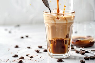 Cream pouring into iced coffee in glass with side spoon on white surface and background.