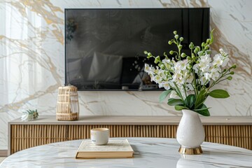 Elegant style in interior design in apartment. Led tv display on white wall. Marble coffee table with cup, diary and vase with flower on wooden floor in living room. Wicker home decor. Copy space.