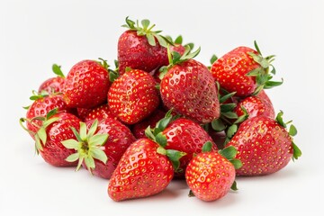 Farm fresh ripe red strawberries at peak season on white surface.