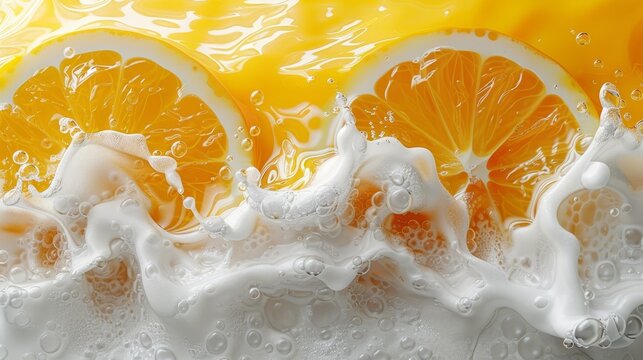   A collection of sliced oranges atop a heap of white liquid, resting on a yellow surface