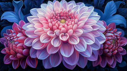   A painting of pink and blue flowers against a black backdrop, centered with a yellow bloom