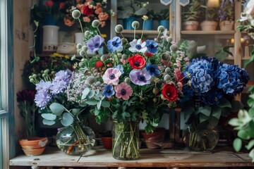 Flower shop with mix of fresh anemone, blooming wildflowers in vase, green eucalyptus branch and blue poppy. Shop and delivery concept. Wooden table and showcase stand in store, high angle view