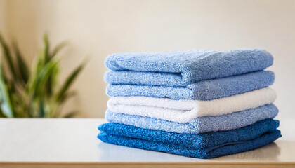 Obraz na płótnie Canvas Stack of folded blue towels on table, light wall on background. Home laundry. Housekeeping concept