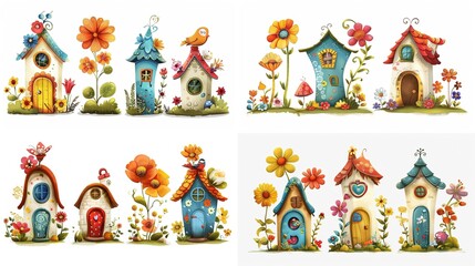 Fototapeta premium cute fairytale cartoon house clipart isolated on white background, quirky house in flower garden , Generative Ai