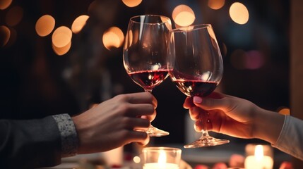 Close-ups of hands Beautiful loving young couple with glasses of red wine in a luxury restaurant, a couple enjoying an evening date or romantic
